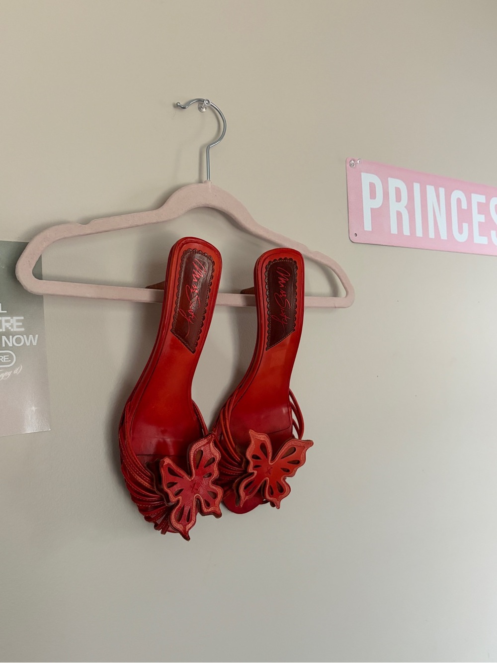 Y2K Miss Sixty Red Butterfly Mule Kitten Heels Cutout Appliqué 90s Shoes